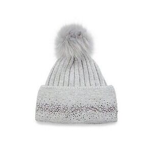 NWT Womens Adrienne Landau Blush Crystal Snowcore Beanie Faux Fur Pom -Cozy Luxe